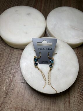 216 Pilgrim Gold Earrings with Teal Blue Crystals and Chain Tassels